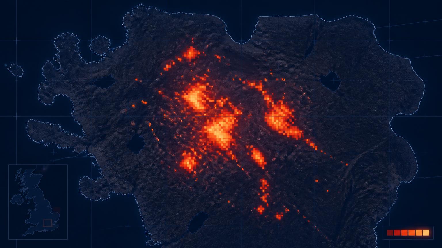 Symbolbild: Satelliten-Hitzepunkte über einem Moorgebiet als Datenvisualisierung. KI-generierte Illustration, kein echter Kartenausschnitt.